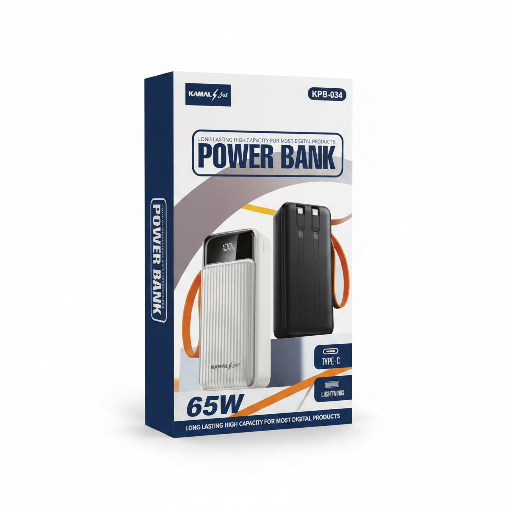 Kamal 65W 30000mAh Power Bank with Built-in Type-C & Lightning Cables, LED Digital Display Fast Charging Portable Charger