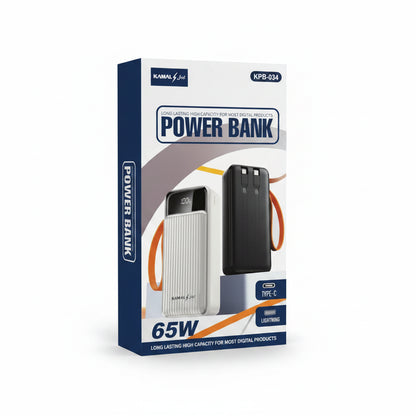 Kamal 65W 30000mAh Power Bank with Built-in Type-C & Lightning Cables, LED Digital Display Fast Charging Portable Charger