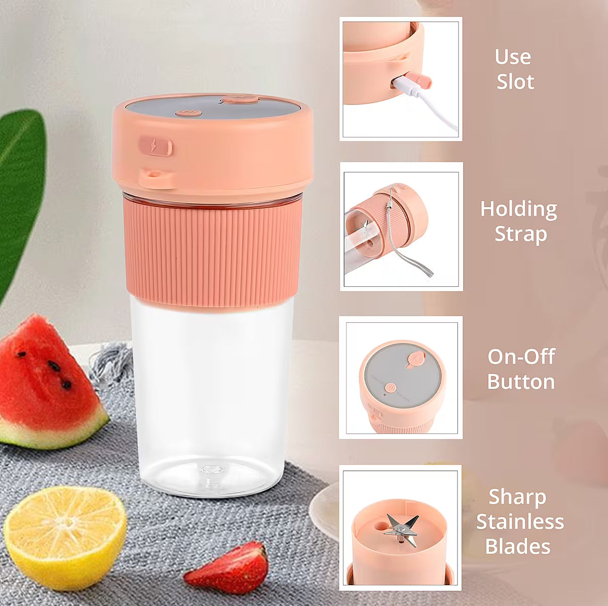 Pink [300ML,50W] Wireless Rechargeable Portable Juicer and Mini blander