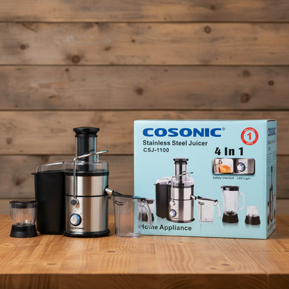 Cosonic 4-in-1 Stainless Steel Juicer CSJ-1199 – Safety Interlock & LED Light | Home Appliance