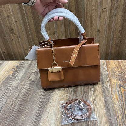 Tan Brown PU Leather Handbag for Women – Top Handle Bag with Mini Bag Charm and Detachable Shoulder Strap