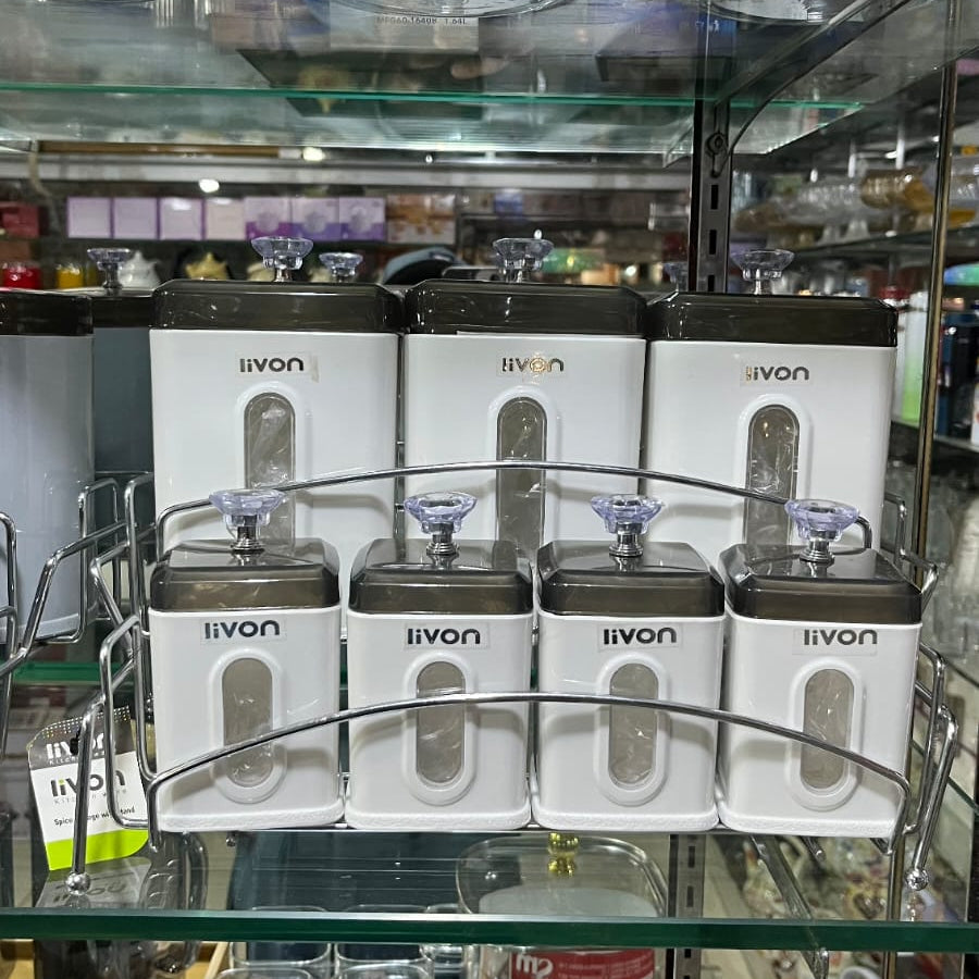Livon Spice Storage Jar Set with Stand – 6 Square Canisters (White)