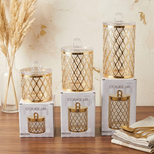 Royal Acrylic Storage Jar, Round Gold Body Handle Storage Canister, Kitchen Snacks Storage Jar,