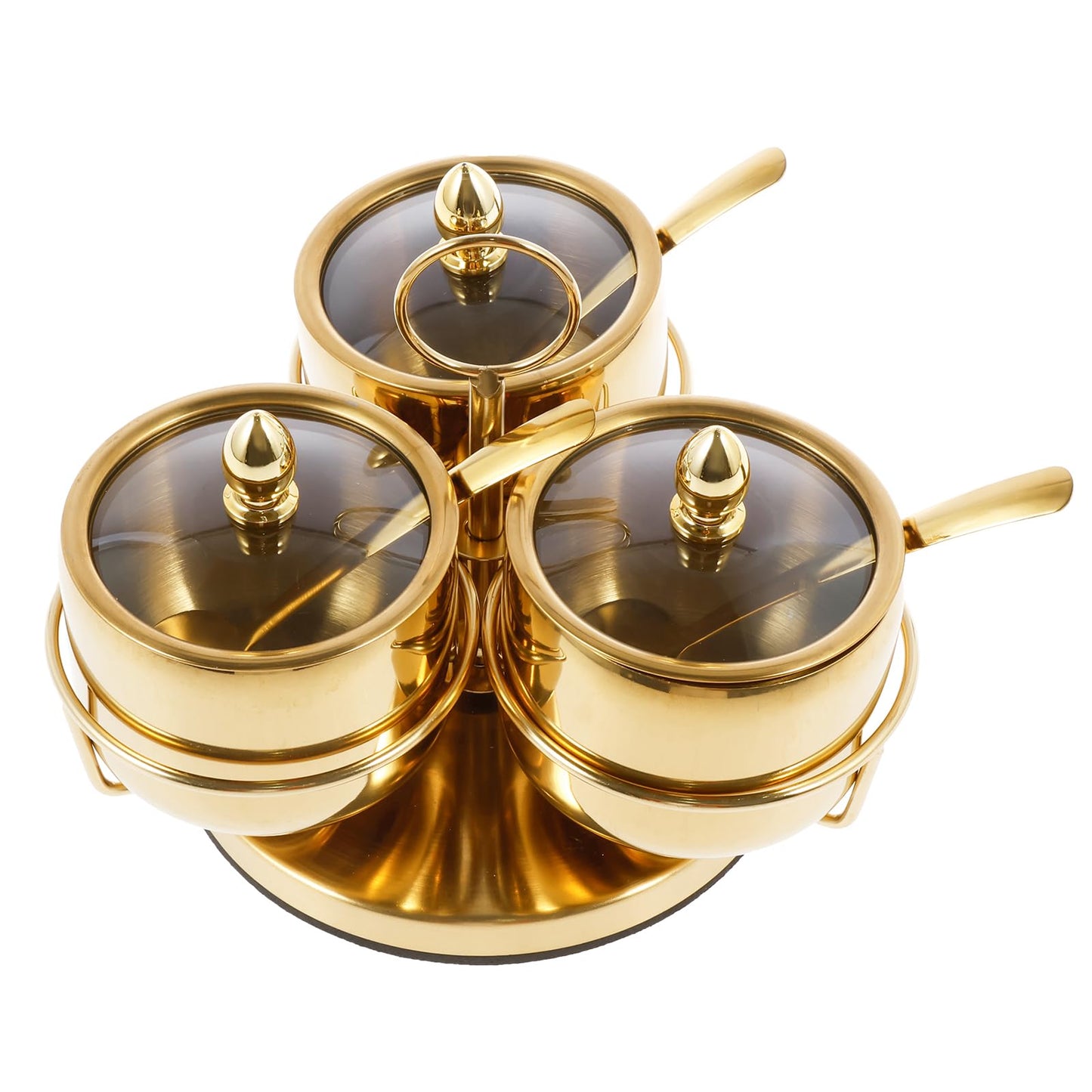 Luxury Gold 3-Jar Condiment & Jam Set with Rotating Stand and Spoons