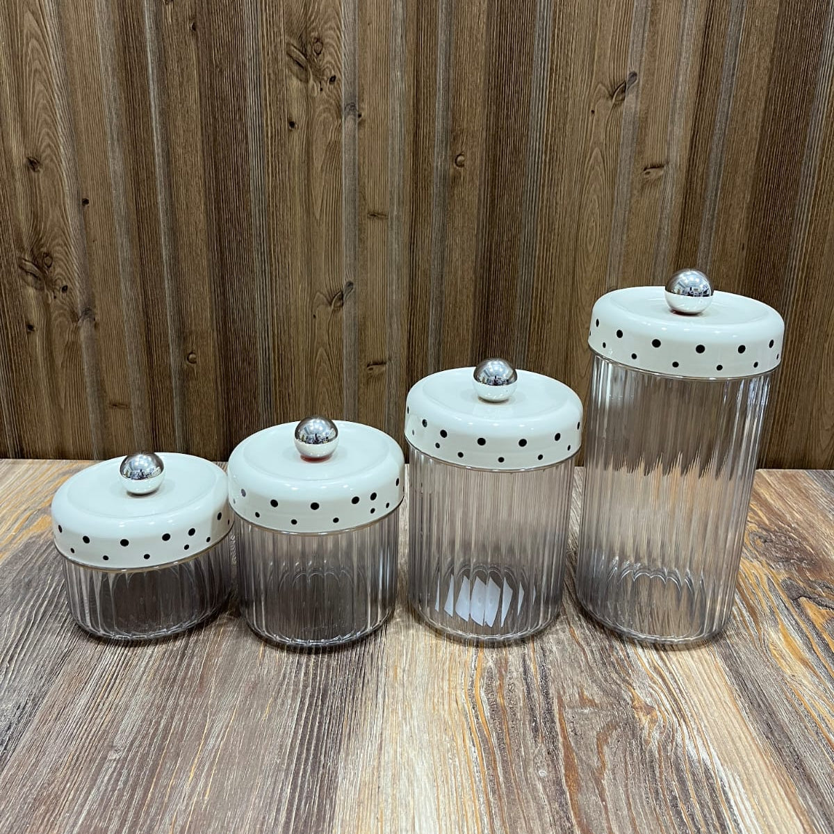 Ribbed Glass Storage Jar Set (4 Pcs) – White Polka Dot Lid Canisters