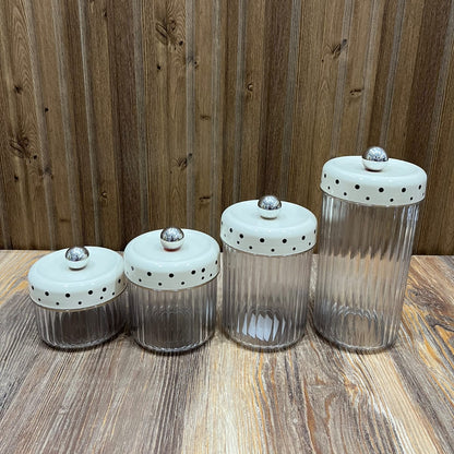 Ribbed Glass Storage Jar Set (4 Pcs) – White Polka Dot Lid Canisters