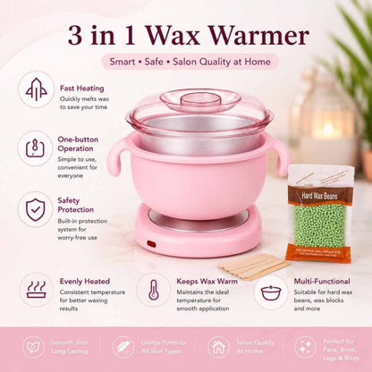 3 in 1 Wax Warmer Hair Removal Kit with Hard Wax Beans & Applicator Sticks