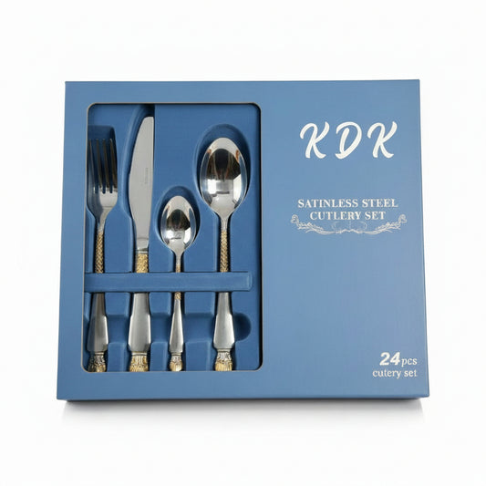 KDK Premium 24 Pcs Cutlery Set – Luxury Gold/Silver Stainless Steel Flatware with Textured Handles