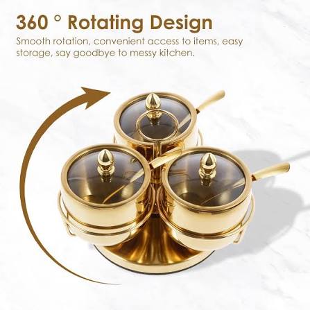 Luxury Gold 3-Jar Condiment & Jam Set with Rotating Stand and Spoons