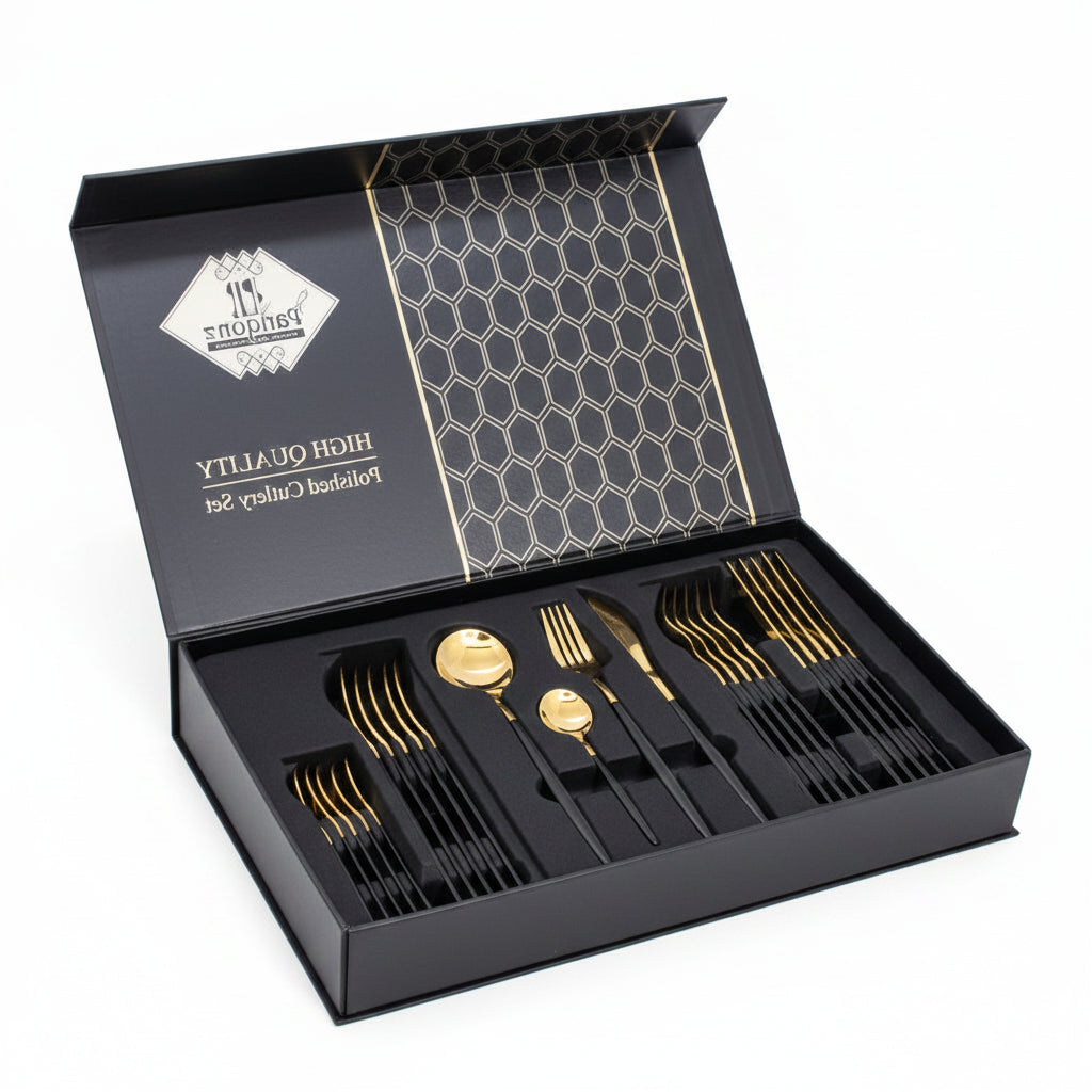 High-Quality Polished Finish Cutlery Set | 24-Piece Luxury Black & Gold Flatware