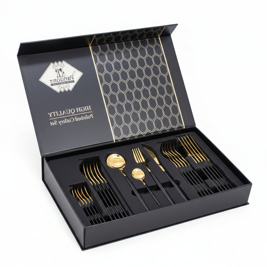 High-Quality Polished Finish Cutlery Set | 24-Piece Luxury Black & Gold Flatware