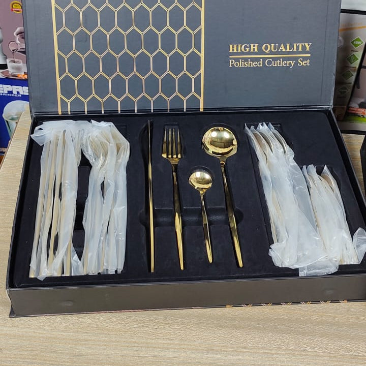 24 Pcs Premium Stainless Steel Dining Cutlery Set – Golden Mirror Polish