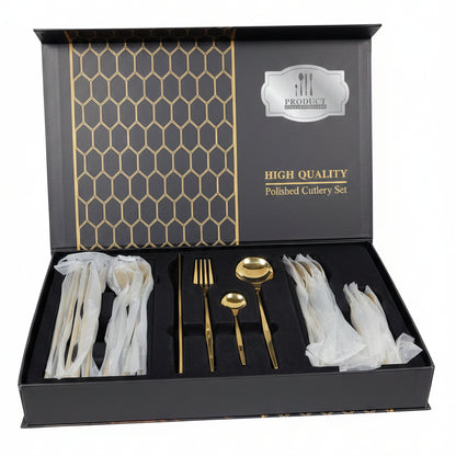 24 Pcs Premium Stainless Steel Dining Cutlery Set – Golden Mirror Polish