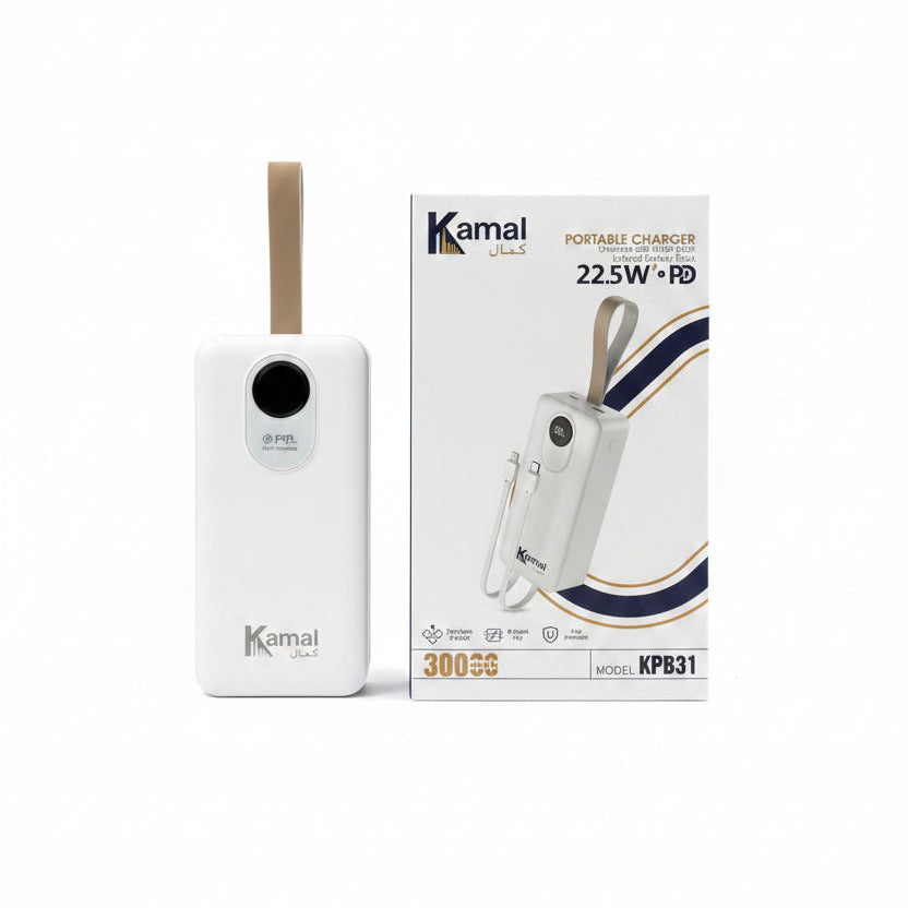Kamal 30000mAh Heavy Duty Power Bank - 22.5W Fast Charging with Built-in Cables