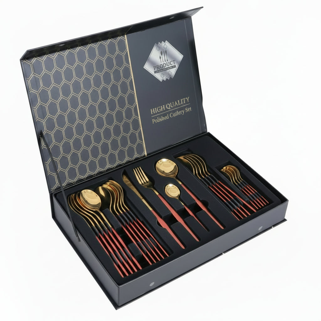 Premium Gold Polished Cutlery Set with Red Handles – 24pc Spoon, Fork, and Knife Set with Gift Box