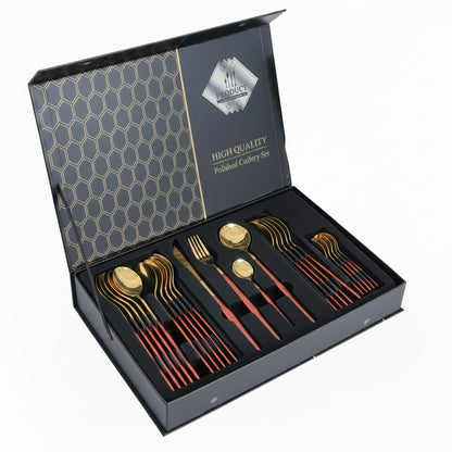 Premium Gold Polished Cutlery Set with Red Handles – 24pc Spoon, Fork, and Knife Set with Gift Box