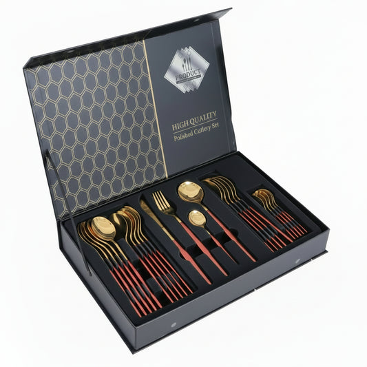Premium Gold Polished Cutlery Set with Red Handles – 24pc Spoon, Fork, and Knife Set with Gift Box