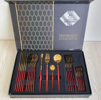 Premium Gold Polished Cutlery Set with Red Handles – 24pc Spoon, Fork, and Knife Set with Gift Box