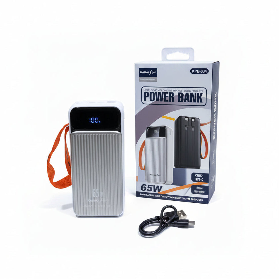 Kamal 65W 30000mAh Power Bank with Built-in Type-C & Lightning Cables, LED Digital Display Fast Charging Portable Charger