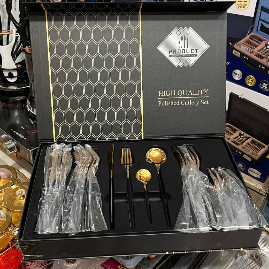 High-Quality Polished Finish Cutlery Set | 24-Piece Luxury Black & Gold Flatware