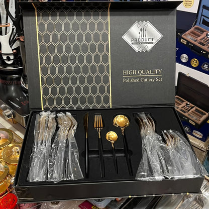 High-Quality Polished Finish Cutlery Set | 24-Piece Luxury Black & Gold Flatware