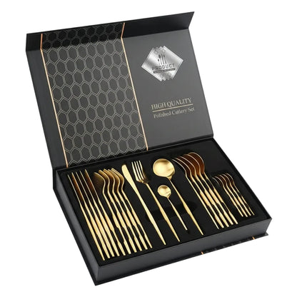 24 Pcs Premium Stainless Steel Dining Cutlery Set – Golden Mirror Polish