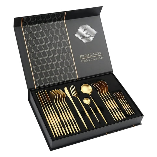 24 Pcs Premium Stainless Steel Dining Cutlery Set – Golden Mirror Polish