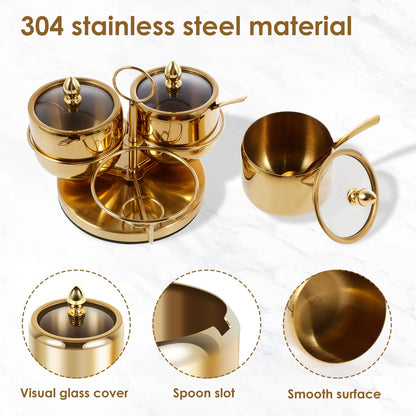 Luxury Gold 3-Jar Condiment & Jam Set with Rotating Stand and Spoons