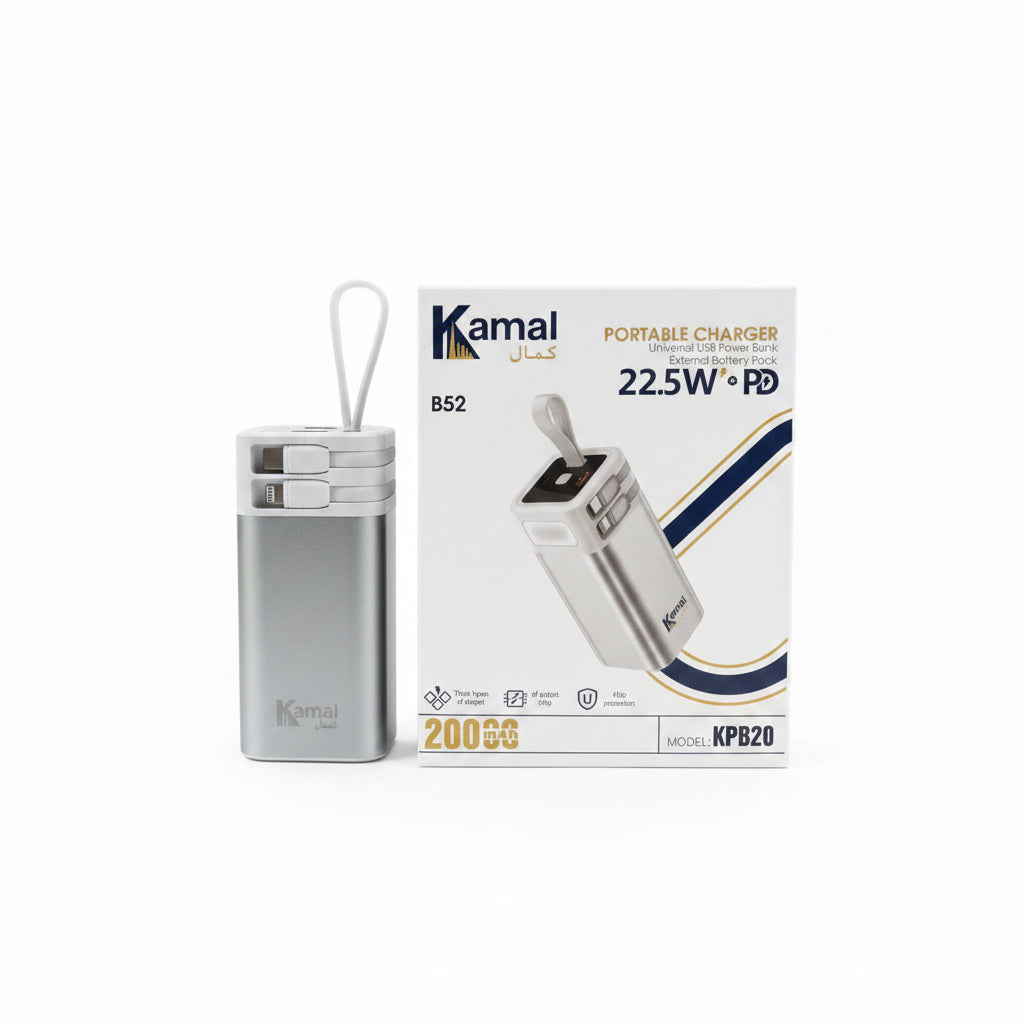 Kamal B52 20000mAh 22.5W Fast Charging Power Bank with Built-in Cables