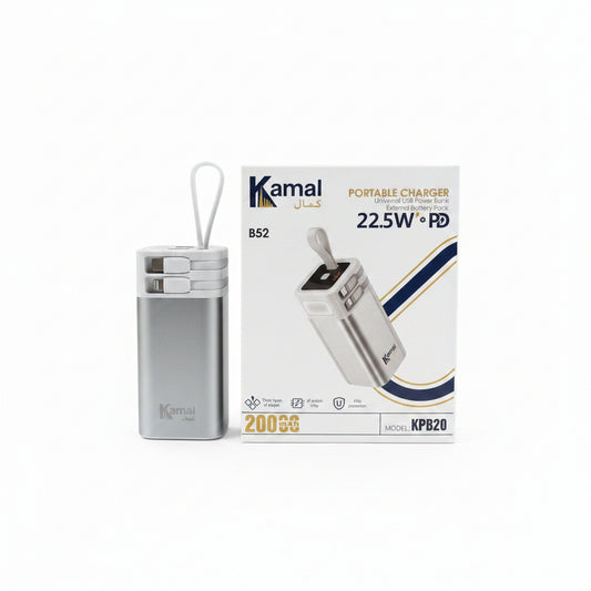 Kamal B52 20000mAh 22.5W Fast Charging Power Bank with Built-in Cables