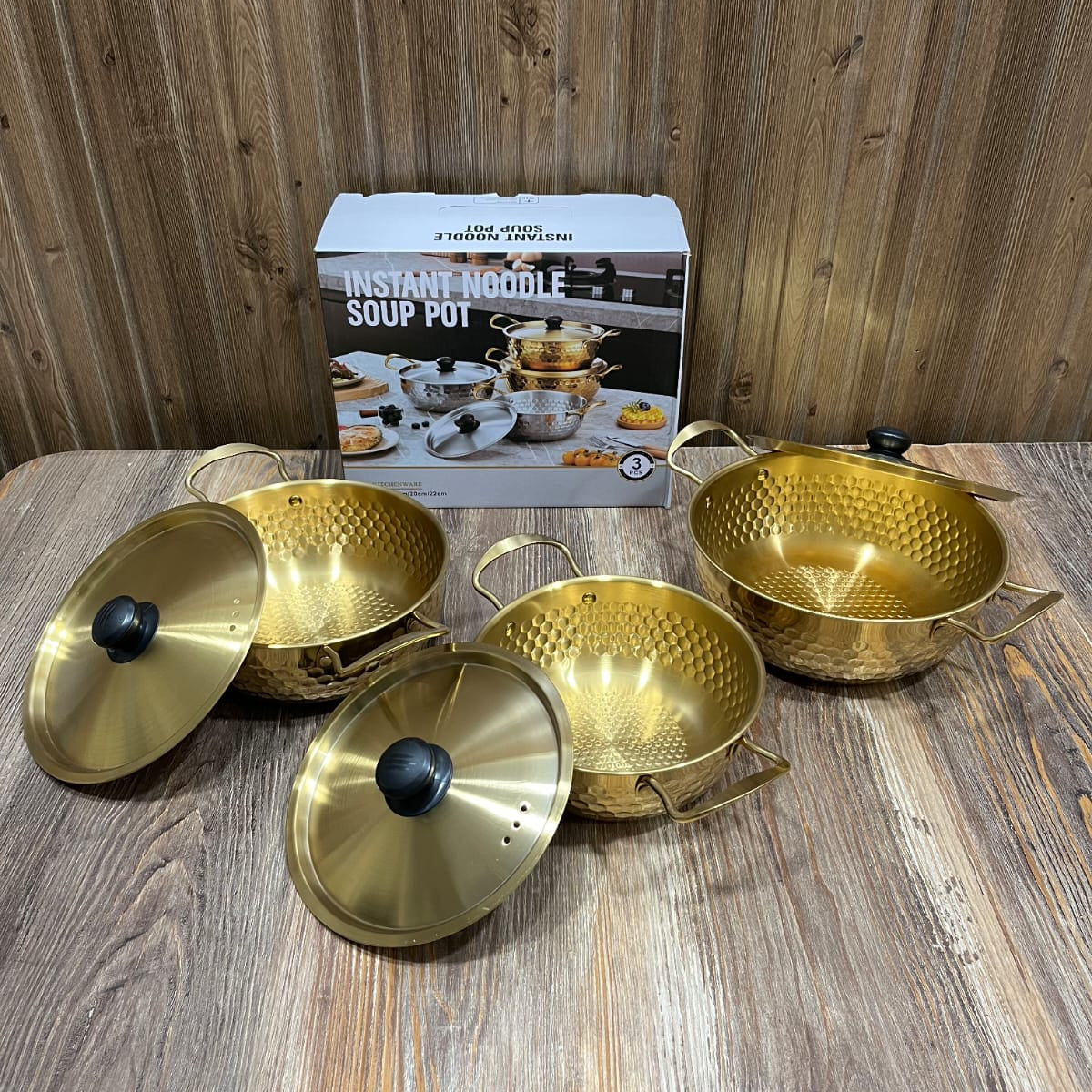 Golden Hammered Instant Noodle Soup Pot Set – 3 Pcs Stainless Steel Cookware with Lids (18/20/22cm)