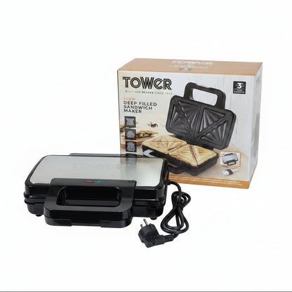 Tower T27031 Deep Filled Sandwich Maker – 900W Stainless Steel Toastie Maker with Non-Stick Plates