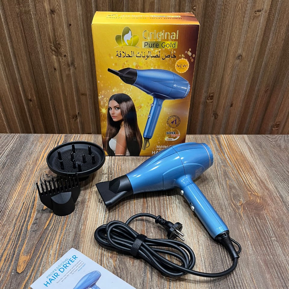 Original Pure Gold Salon Hair Dryer | Professional Blue Blow Dryer with Attachments & Diffuser Set