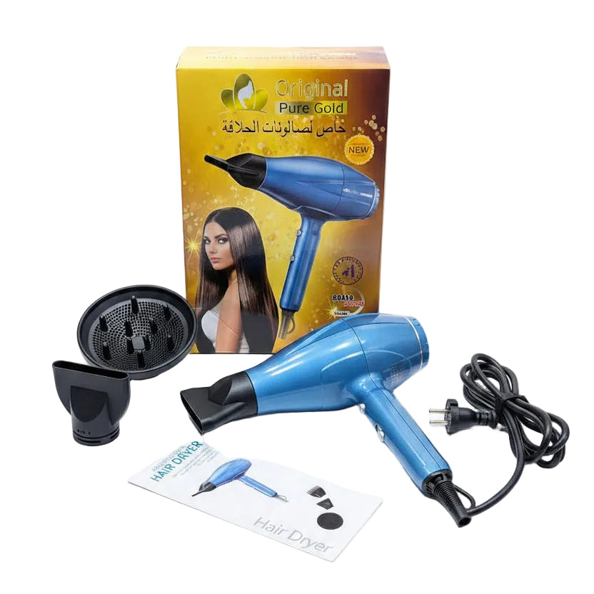 Original Pure Gold Salon Hair Dryer | Professional Blue Blow Dryer with Attachments & Diffuser Set