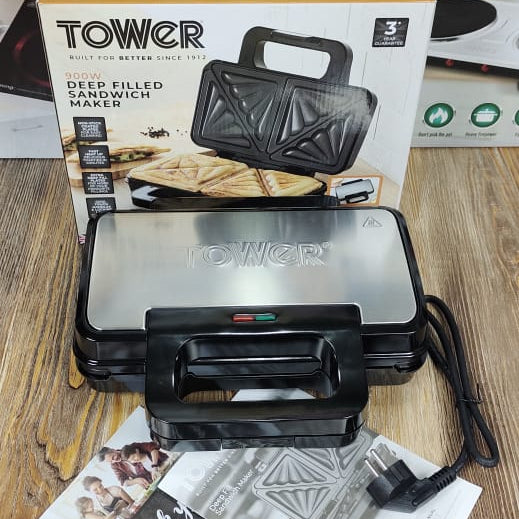 Tower T27031 Deep Filled Sandwich Maker – 900W Stainless Steel Toastie Maker with Non-Stick Plates