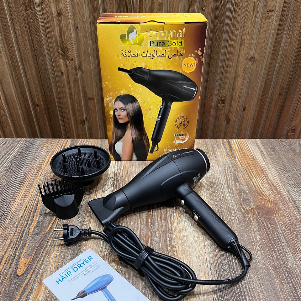 Original Pure Gold Heavy Duty Hairdryer | Professional Salon Blow Dryer with Concentrator Nozzle & Diffuser Attachments | Black
