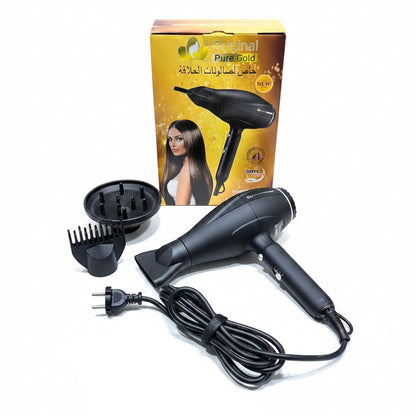 Original Pure Gold Heavy Duty Hairdryer | Professional Salon Blow Dryer with Concentrator Nozzle & Diffuser Attachments | Black