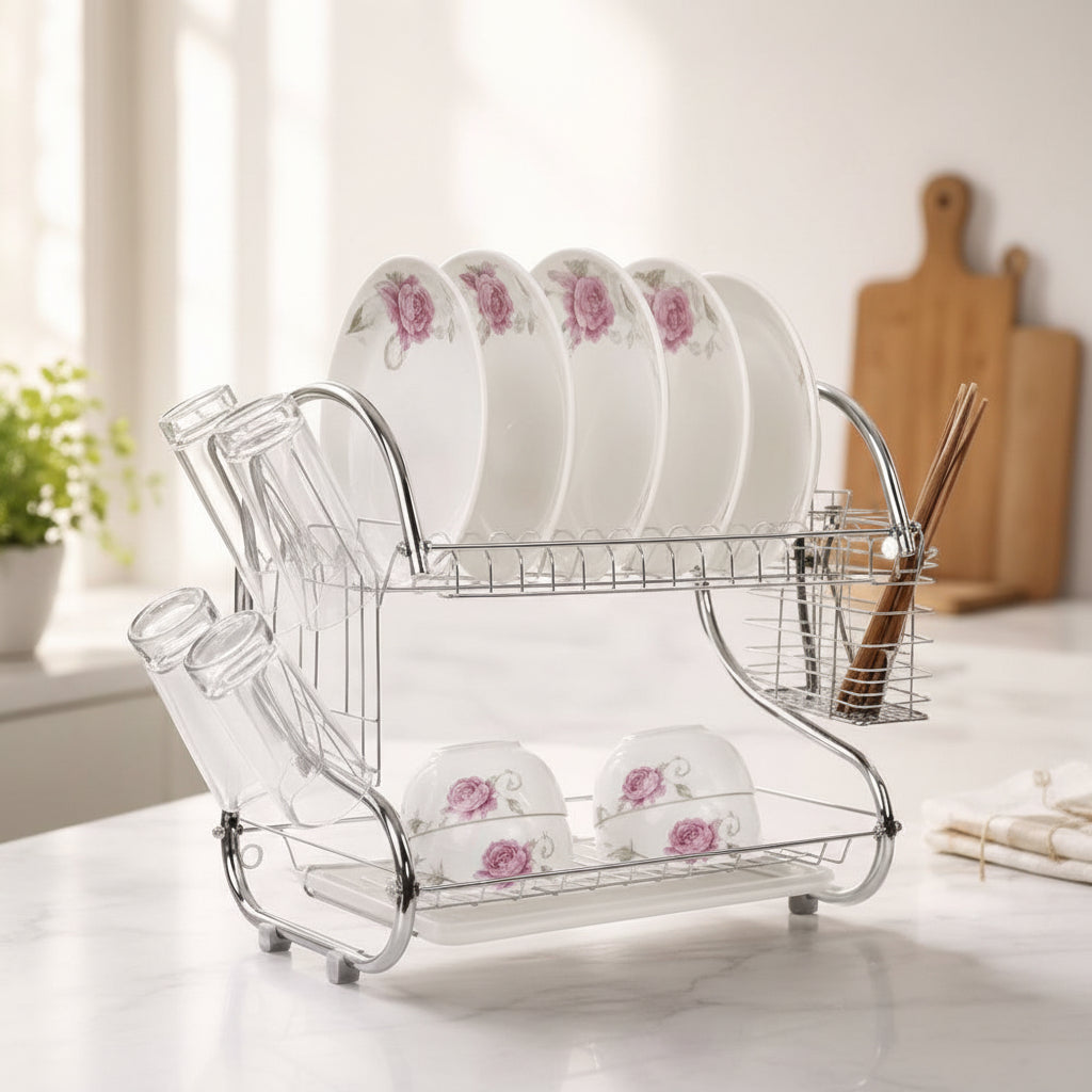 2-Layer Dish Drainer Rack – Chrome-Plated Steel with Drip Tray