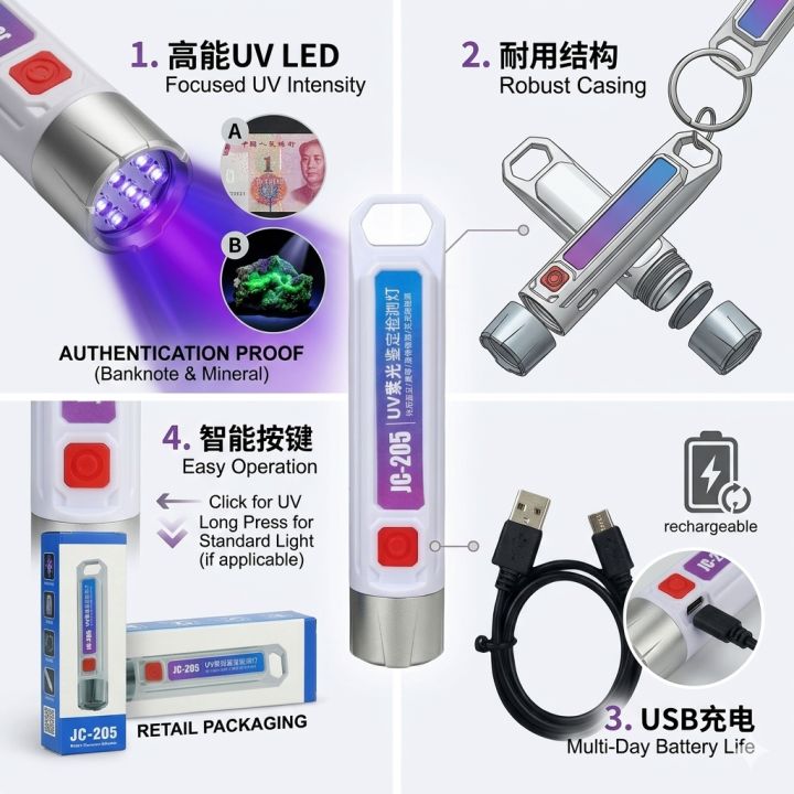 UV Flashlight 365nm Rechargeable Mini UV Detection Torch K-206