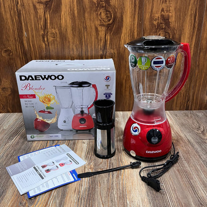 Daewoo  blender and its components, featuring a red base, a 1.5-liter jar, and a grinding mill
