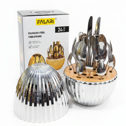 Falari 24-Piece Stainless Steel Cutlery Set with Luxury Egg-Shaped Storage Stand-Silver