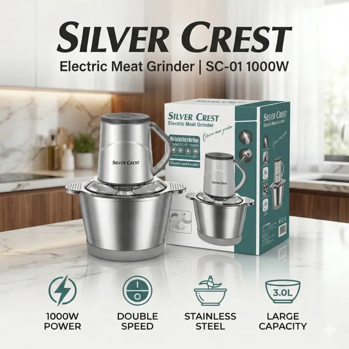Silver Crest Electric Meat Grinder SC-011000W | Multi-Functional Food Mincer | Double Speed | Stainless Steel Bowl