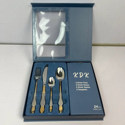 KDK Premium 24 Pcs Cutlery Set – Luxury Gold/Silver Stainless Steel Flatware with Textured Handles