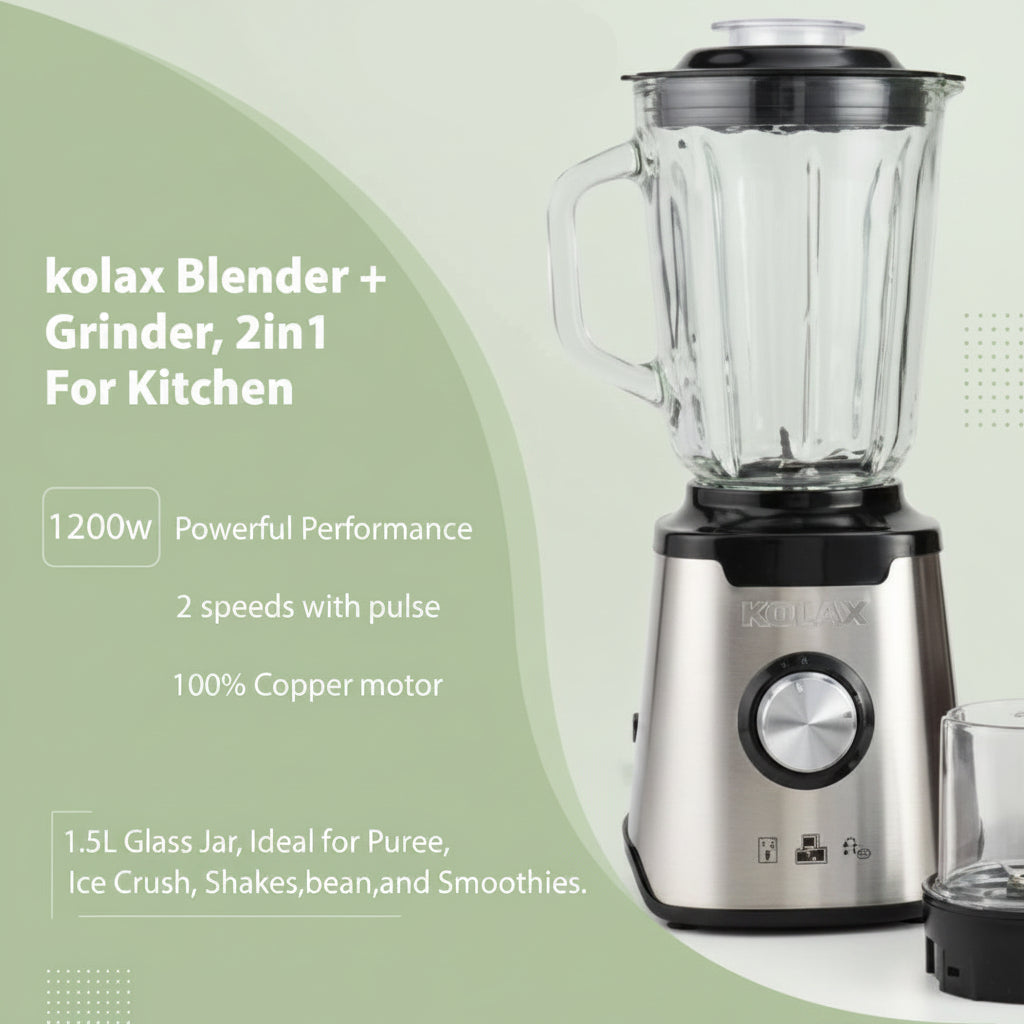 Kolax Blender + Grinder – Glass Jar | 100% Copper Motor | 5 Sharp Blades | Germany Brand (Art. No. 702306)