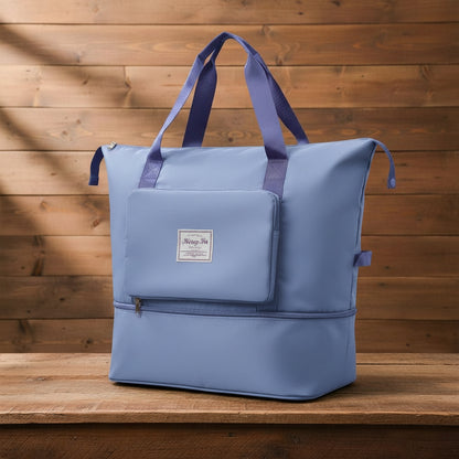 Hong Fu branded lilac purple foldable travel bag made from lightweight waterproof fabric.