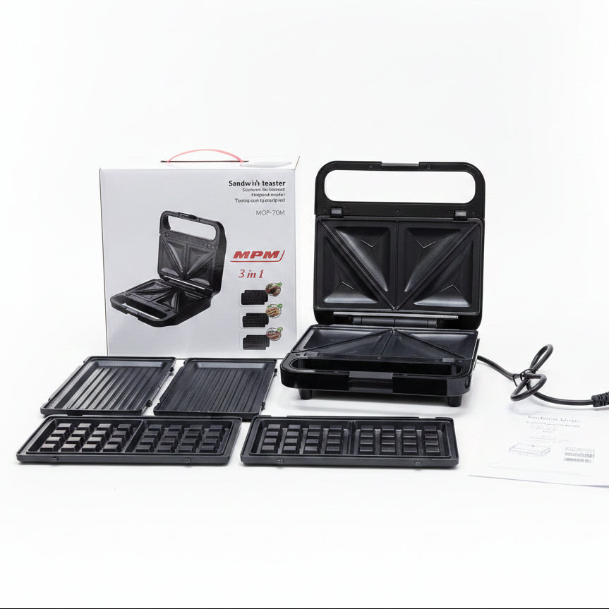 MPM MOP-70M 3-in-1 Sandwich Toaster, Grill & Waffle Maker (Complete Set)