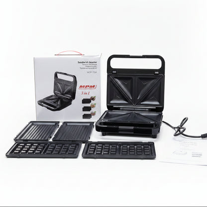 MPM MOP-70M 3-in-1 Sandwich Toaster, Grill & Waffle Maker (Complete Set)
