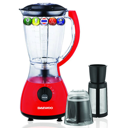 Daewoo  blender and its components, featuring a red base, a 1.5-liter jar, and a grinding mill