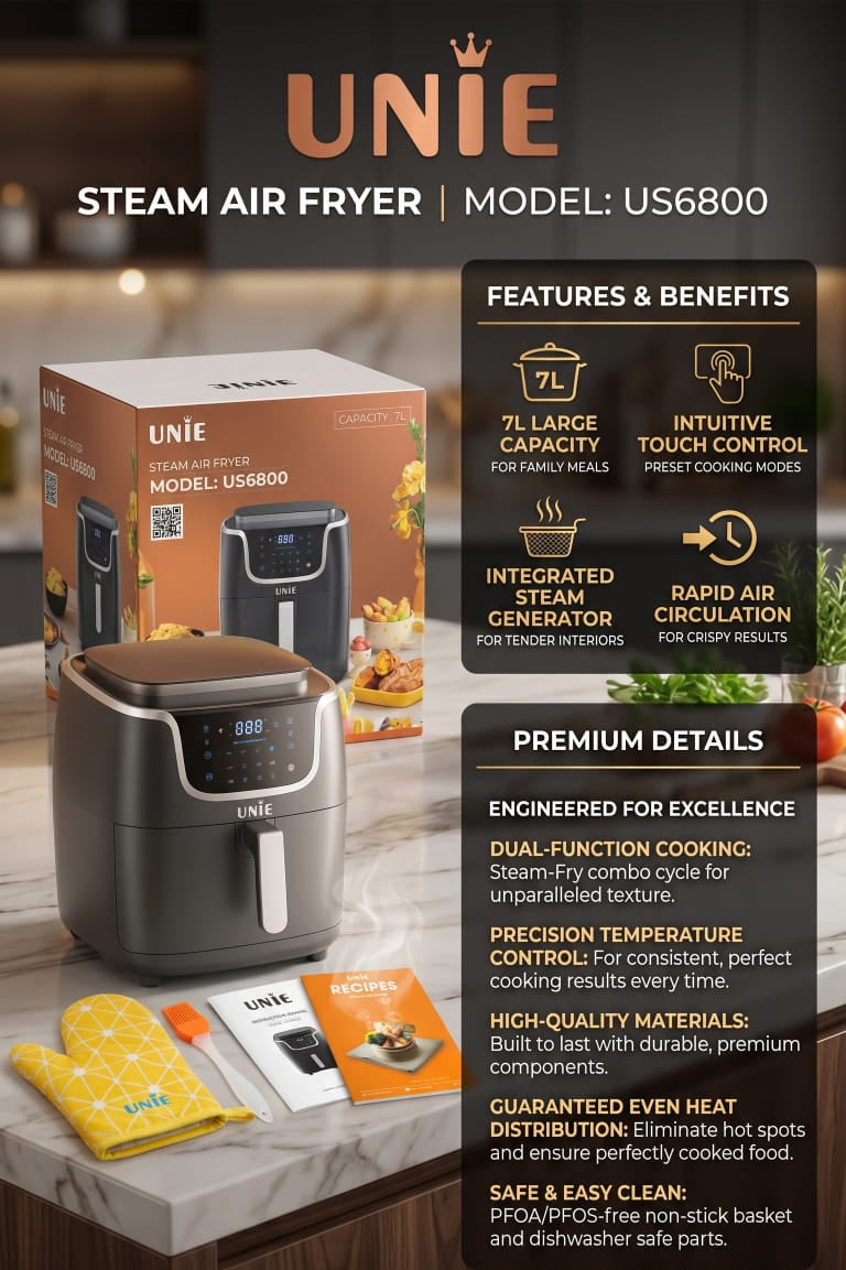 UNIE Steam Air Fryer Combo, 7L Large Family Capacity, Touch Screen Presets, PFOA-Free Non-Stick Dishwasher Safe Basket