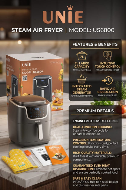 UNIE Steam Air Fryer Combo, 7L Large Family Capacity, Touch Screen Presets, PFOA-Free Non-Stick Dishwasher Safe Basket